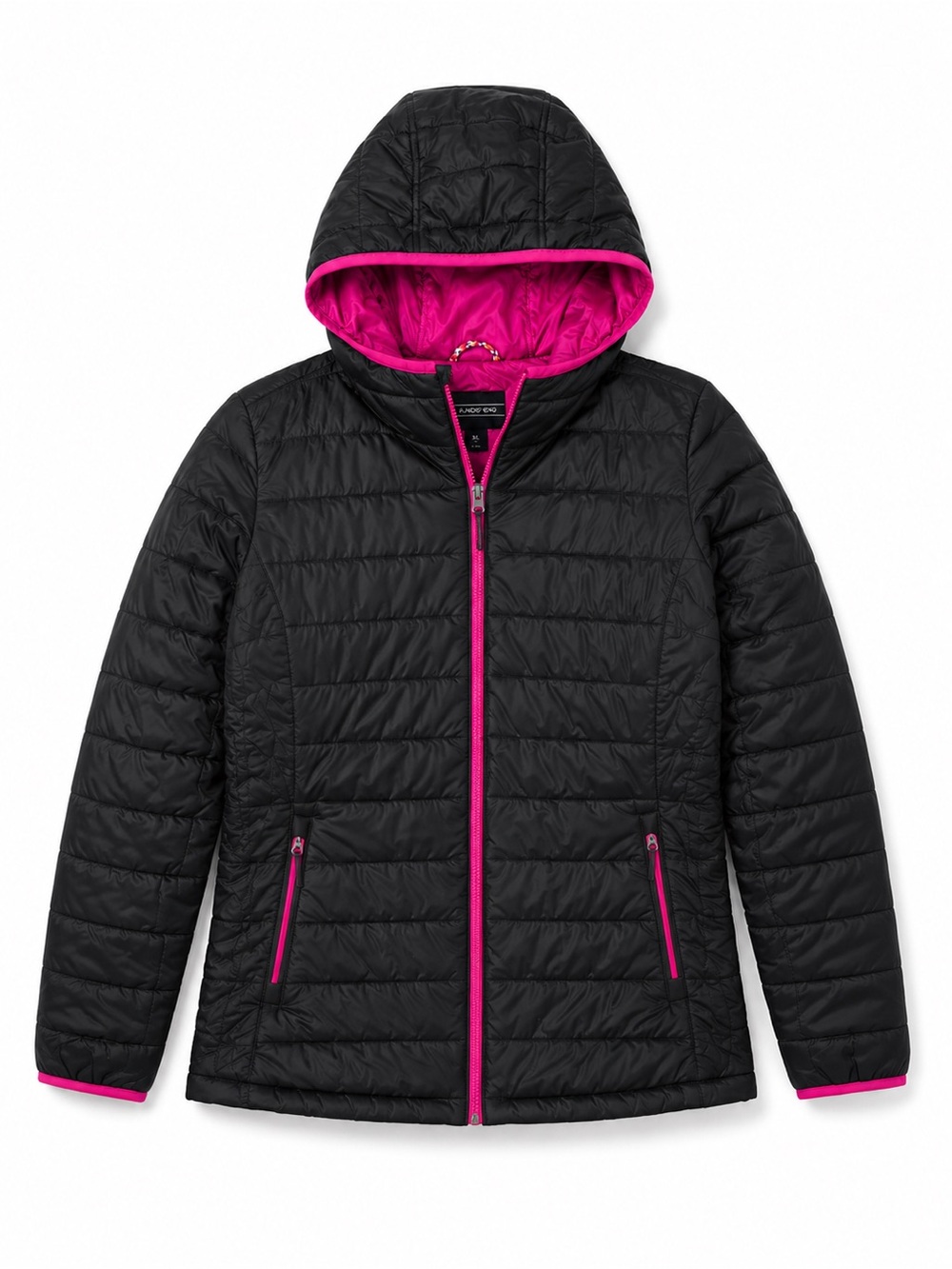 Lands' End Kids Black Quilted Puffer Jacket with Pink Trim